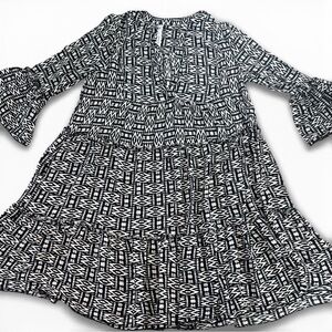 NY Collection Women’s Medium Black & White Tiered Boho Dress | Rayon